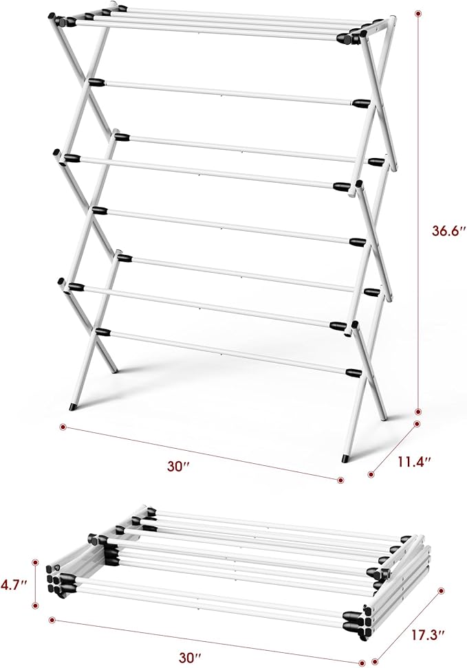 Foldable Clothes Drying Rack – Metal Laundry Drying Rack with Non-Slip Feet, 3-Tier Space-Saving Clothing Rack for Laundry Organization, Indoor & Outdoor Use, 11.4" D x 30" W x 36.6" H, White