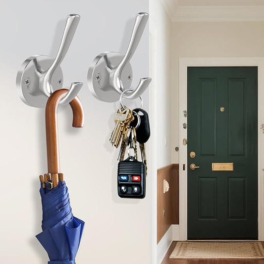 Brushed Nickel Wall Hooks, 4 Pack Heavy Duty Coat Towel Hook Metal Double Hook Wall Mounted Hanging, Bath Towel Hooks for Entryway Cubicle Bathroom Closet Garage