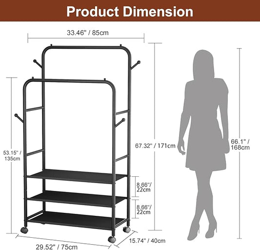 Furologee Clothes Racks for Hanging Clothes, Portable Rolling Garment Rack, Sturdy Metal Freestanding Cloths Racks with Wheels, Double Rods Wardrobe Rack for Bedroom Laundry Living Room
