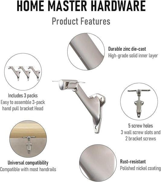 3" Stair Handrail Bracket, 3 Pack Hand Rail Brackets for Stairs Light-Duty, Stair Railing Bracket, Banister Brackets for Indoor Stairs, Satin Nickel Finish, HOME MASTER HARDWARE