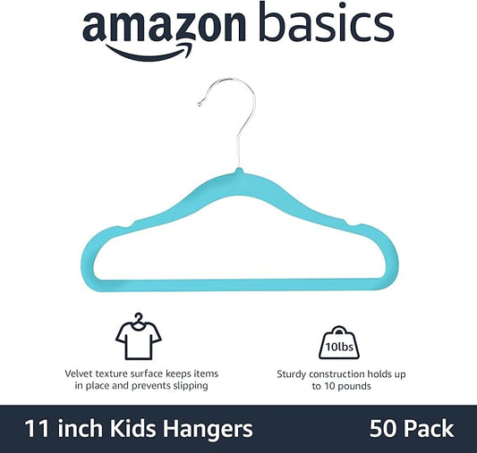 Amazon Basics Kids Velvet, Non-Slip Clothes Hangers for Infant and Toddler, 11.6 inches (for Baby Clothes), Pack of 50, Blue