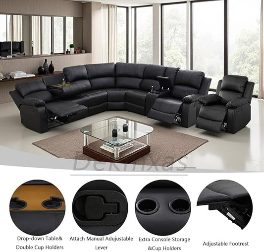 Living Room Furniture Sets, Leather Sectional Recliner Sofa Set with Drop-down Table,4 Piece Black Maunal Reclining Sectional Sofa Couches and Chair with Cup Holders,Storage Console for Office