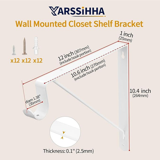 Yarssihha 6 Pack Closet Rod Bracket, 12 x 10.4 Inch Wall Mounted Closet Shelf Bracket, White Closet Rod Support Bracket with Screws