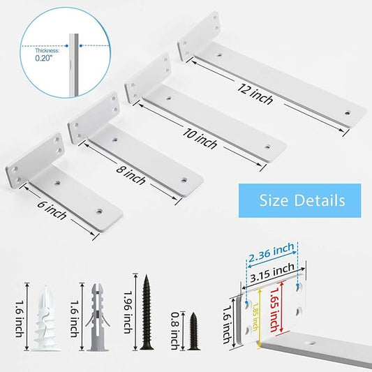 Shelf Brackets, Heavy Duty Floating Shelf Brackets 12-Inch Long, 6-Pack Brackets for Shelves, Matte White L Hidden Metal Wall Shelf Support Shelving Brackets, 1/5-Inch Thick 160 lb. Load Capacity