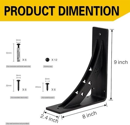 Heavy Duty Shelf Brackets, Max Load 900 LBS, Premium Alloy Metal, Matte Black, 9 inch x 8 inch, Set of 2