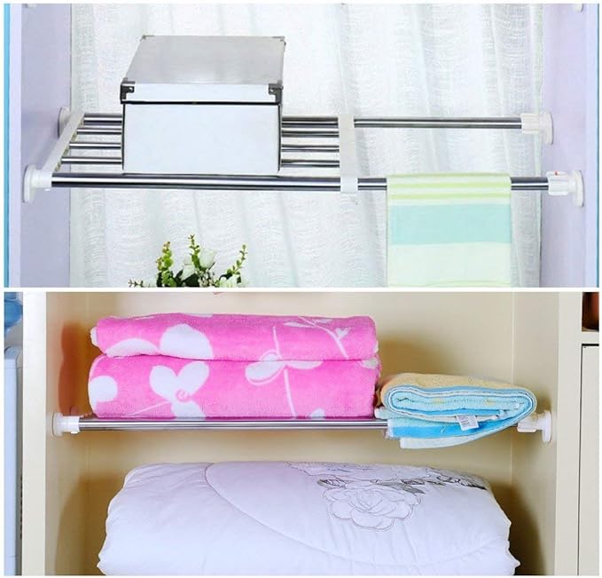 BAOYOUNI Expandable Closet Tension Shelf Rod Organizer Adjustable Storage Rack Heavy Duty Clothes Hanger Metal Space Saving Divider for Bathroom Kitchen Cupboard Wardrobe Bookshelf 32''-46'', Ivory