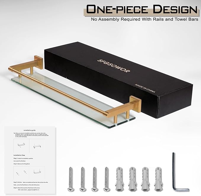 Glass Shelf for Bathroom 24 inch Rectangular Stainless Steel Wall Sheves Tempered Glass Modern Stainless Steel Wall Mount Accessories Organizers Storage (Brushed Gold)