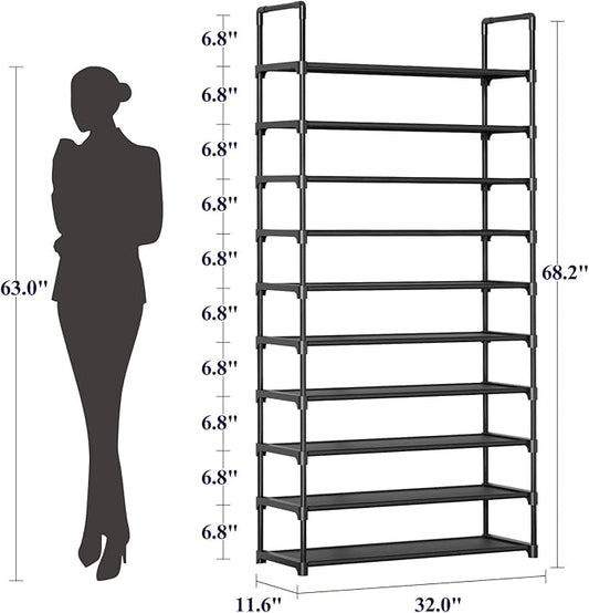 Kitsure Shoe Rack - 10-Tier Shoe Organizer with Detachable Fabric Shelves & Metal Frame, Tall Shoe Rack for Closet, Entrance, Living Room, 32.0" Wide - 10 Tier, Black