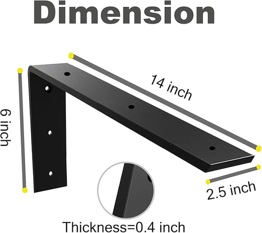 WINKER Countertop Support Bracket 6 Pack Heavy Duty 3/8" Thick Hidden L Shelf Bracket 14" x 6" x 2.5" Metal Corbels for Quartz/Granite/Wood/Concrete/Laminate Countertops, Black