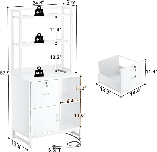 Homieasy Vertical Filing Cabinet with Bookshelf for Home Office, File Cabinet with Shelves, Lock & Charging Station, Drawer Office File Cabinets with Printer Stand, fits Letter Size, White