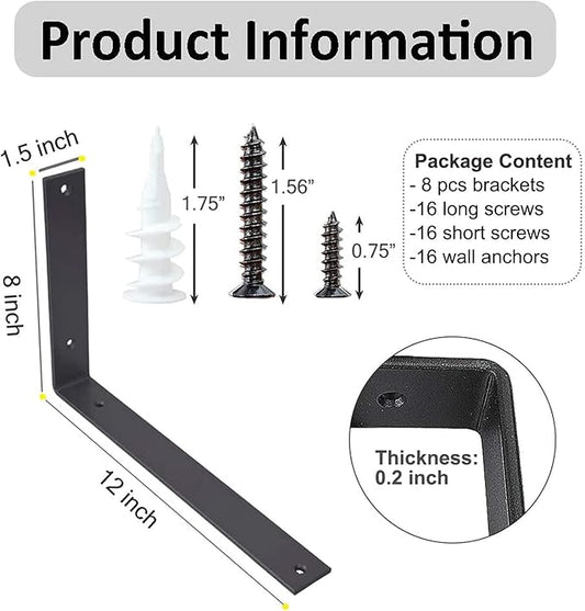 Shelf Brackets 12 Inch L Brackets for Shelves Heavy Duty Black Wall Brackets for Shelves 5mm Thick Metal Bracket Support for Shelf with Screws