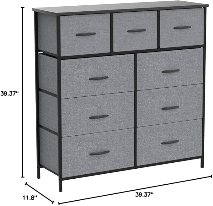 DUMOS Dresser for Bedroom, Dressers & Chests of Drawers Dresser Organizer, Wood Top Table Furniture with 9 Fabric Storage Tower Unit, Chest of Drawers for Closet, Living Room, Hallway, Porch