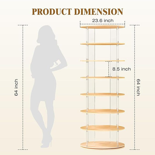7-Tier Rotating Shoe Rack, 360 Degree Spinning Shoe Rack Tower, Lazy Susan Storage Tower Made of Acrylic and Wood, Round Rotating Organizer Shelf for Closet, Entryway and Bedroom