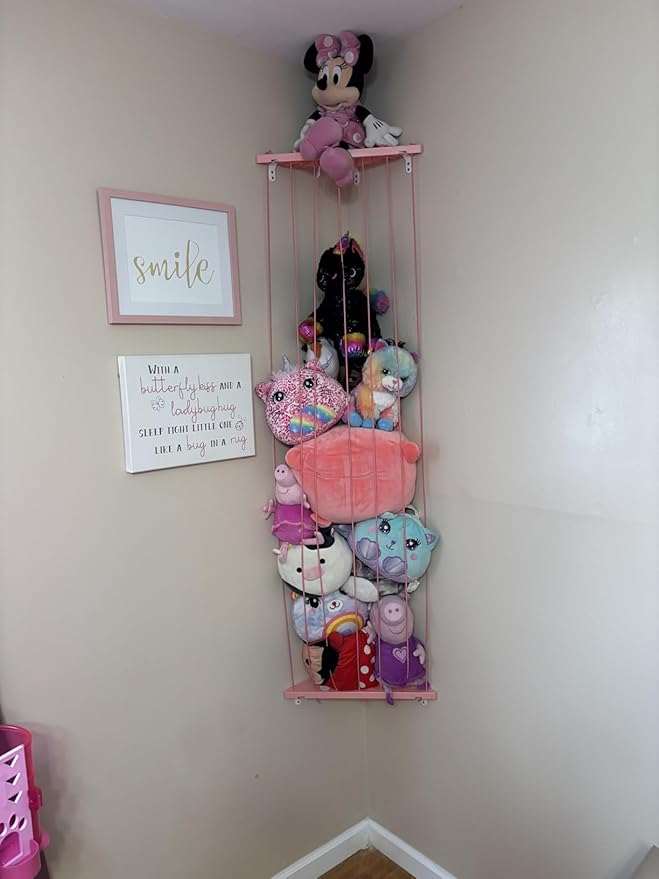 Corner Stuffed Animal Storage Net - Stuffed Animals Holder with Lights - Plush Toy Organizer Hanging Stuffed Animal Hammock with Adjustable Length for Kids Room Playroom Bedroom Nursery Decor