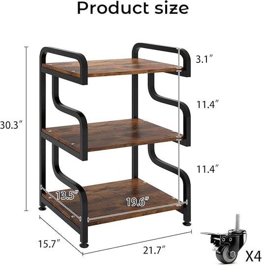 Natwind 3-Tier Printer Stand with Wheels Movable Storage Cart Floor-Standing Multi-Purpose Shelf Rack for Media Player Scanner Files Books Microwave Oven in Kitchen Living Room Home Office (Retro)