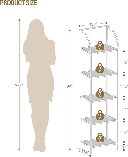 Bookcase Bookshelf, Tempered Glass Arched Bookshelf for More Storage, Slim Shelving Unit for Bedroom, Bathroom, Home Office, Steel Frame, 5 Tier Gold BC20599G