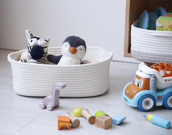 Woven Cotton Rope Storage Basket, Cube Changing Table Organizer for Closet Towels, Baby Nursery Bin, Small Dog Cat Toy Box, Gift Baskets empty (White)