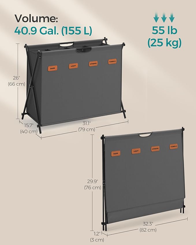 SONGMICS Laundry Hamper, Laundry Basket, 40.9 Gal. Laundry Sorter 4 Sections, Collapsible X-Frame, Clothes Organizer with Customizable Labels, Laundry Room, Bedroom, Bathroom, Slate Gray ULCB140G01