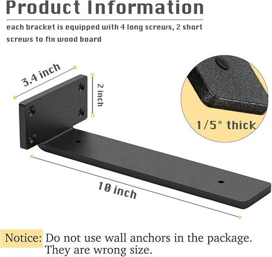 6 Pack Shelf Brackets 10 Inch Floating Shelf Bracket 1/5 inch Thick Heavy Duty Hidden Shelf Brackets Iron Metal Brackets for Shelf Support with Screw Included