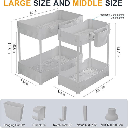 2 Pack Under Sink Organizer, Under Bathroom Cabinet Organizer with Hooks Hanging Cup, Multi-Purpose Storage Shelf for Kitchen Bathroom (Gray, 14.8 Inch)