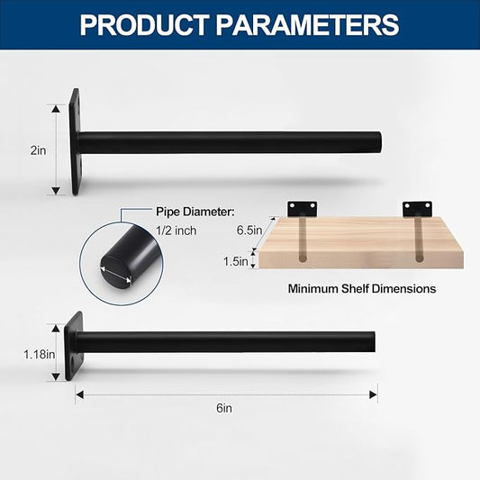 4 Pcs 6" Black Solid Steel Floating Shelf Bracket Blind Shelf Supports - Hidden Brackets for Floating Wood Shelves - Concealed Blind Shelf Support – Screws and Wall Plugs Included