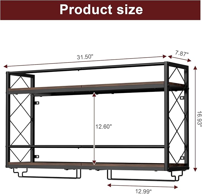 Wine Rack Wall Mounted 2 Tier Wall Wine Rack with Glass Holder, Double Layer Anti-Drop Crossbar, 31.5" Metal Wood Wall Mount Wine Holder for Home Kitchen Dining Room Coffee Shop Bar, Black