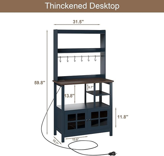 ChooChoo Farmhouse Coffee Bar Cabinet with Storage, Bakers Rack with Power Outlets, Microwave Stand Kitchen Cabinet with Hutch and 6 Hooks, Blue