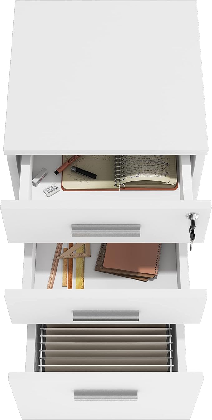 Modern Design Lazio White File Cabinet, Filing Cabinets for Home Office, Drawers for Under Desk, Locking 3 Drawer Rolling Wood File Cabinet with Lock, by Crafts and Comfort
