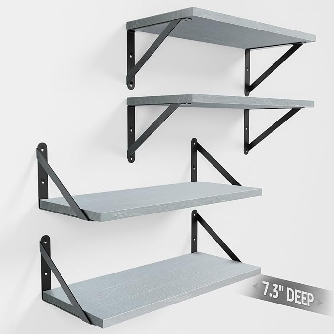 Wall Shelves 7.3" Deep Set of 4, Solid Paulownia Wood Wider Longer Sturdy Easy to Install Wall Mounted Bookshelves Storage Shelves Bathroom Home Office Laundry Room Bedroom Organizer Gray