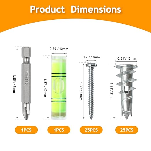 KURUI Heavy Duty Metal Drywall Anchors, 50PCS Zinc Self Drilling Wall Anchors and Screws Kit for Sheetrock, Hollow Walls, Hanging Shelves, Mirrors, Wall Decor for Home Decor & Home Improvement
