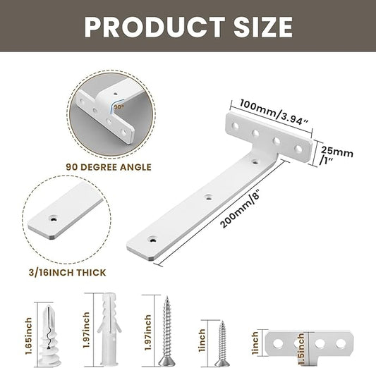 Alise White Shelf Brackets 8 Inch,Heavy Duty Floating Shelf Bracket Mounting Brackets,Hidden L Brackets for Shelves,Metal Decorative Shelf Brackets Wall Shelf Supports Brackets DIY,Pack of 4