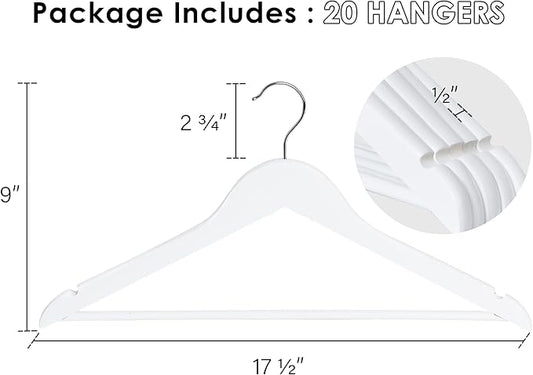 StorageWorks White Wooden Hangers 20 Pack, Heavy Duty Wood Hangers for Closet, Clothes Hangers for Coats, Bridesmaid Suits, Wedding Dress