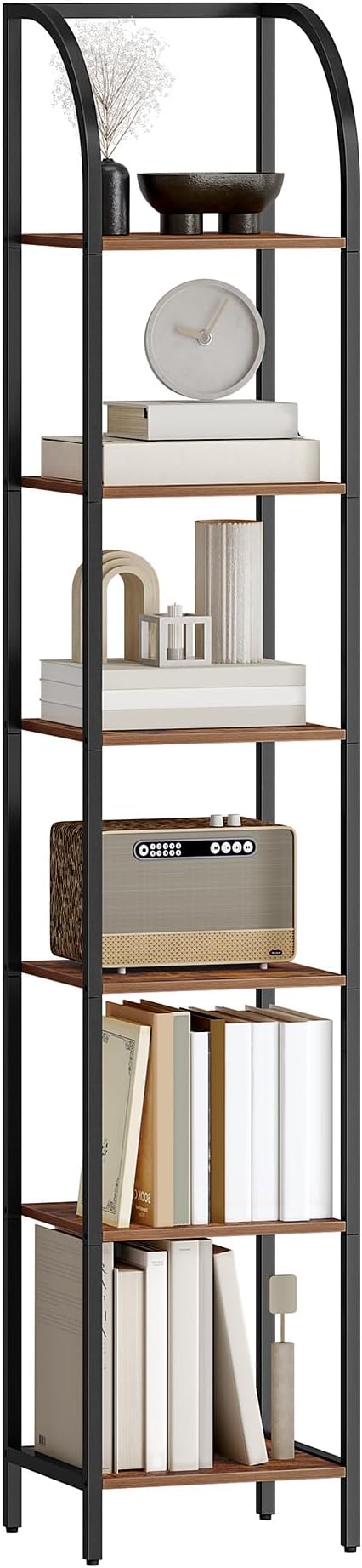 Bookshelf Narrow Bookcase, Tall Storage Rack with Steel Frame, Display Standing Shelf Unit, Skinny Book Shelf for Study Living Room Home Office, Industrial Style, 6-Tier Rustic Brown BC56001B