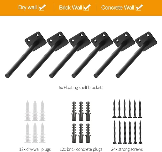 Floating Shelf Brackets, 8 inch Hidden Shelf Brackets Heavy Duty Blind Shelf Support, 150LBS Load Capacity, 6 Pack Floating Shelf Hardware for DIY Wood Wall Floating Shelves