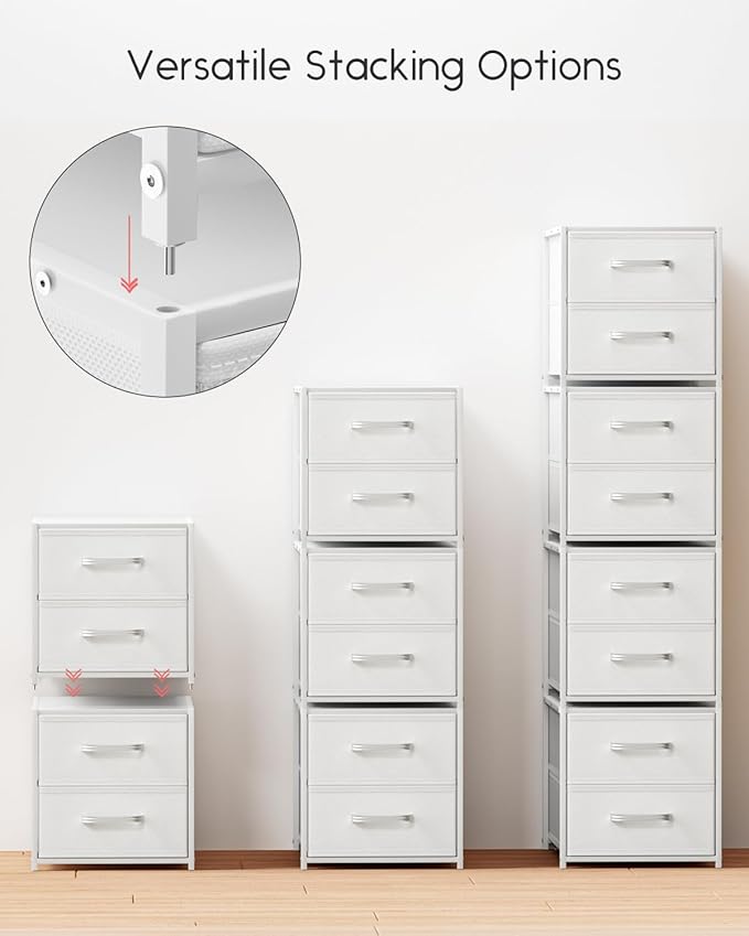 Stackable Storage Drawers - 2 Tier Closet Drawers, Closet Organizer with Metal Handles, Night Stand with Collapsible Bins, Fabric Dresser for Bedroom, Dorm, Office, White, 2 Pack