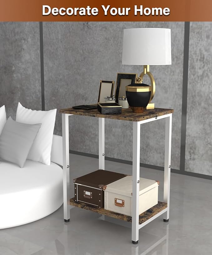2 Tier Side Table, Heavy Duty End Table with Shelves, Narrow Nightstand Table for Small Spaces, Record Player Table for Bedroom, Living Room, Sofa Couch - Rustic Brown & White