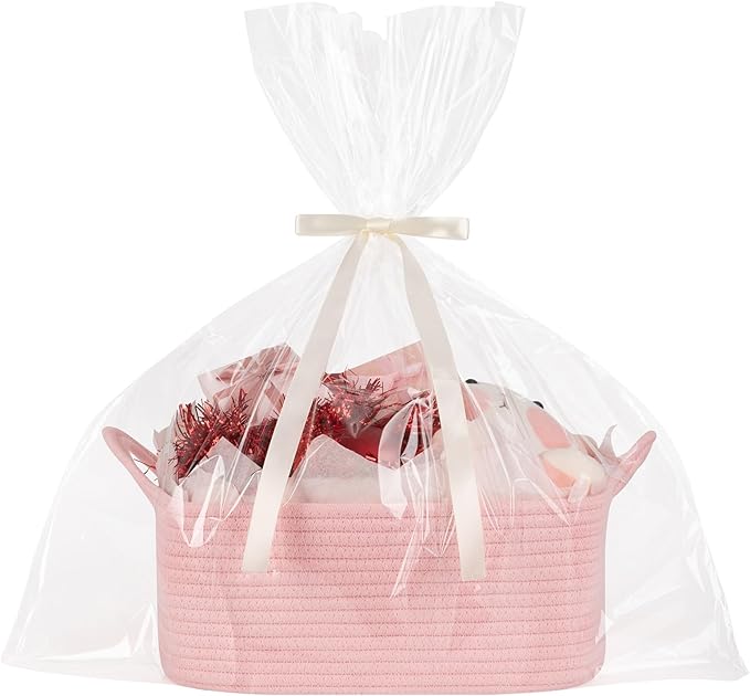 Basket for Gifts Empty, Woven Storage Basket with Gift Bag, Ribbon and Wrap Tissue Paper, Small Rope Toy Storage with Handles for Baby Shower, Dog Toy Organizer, 13.6" x 10" x 5.9”, Pink