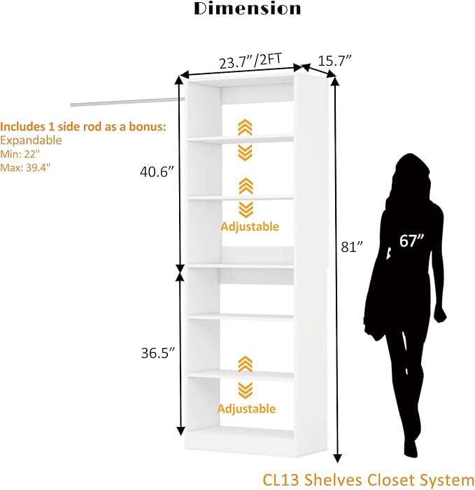 Closet System with 6 Shelves, 2FT Closet Organizer System Small Walk-in Closet Freestanding Corner Closets Shelf Storage Unit White (2FT)