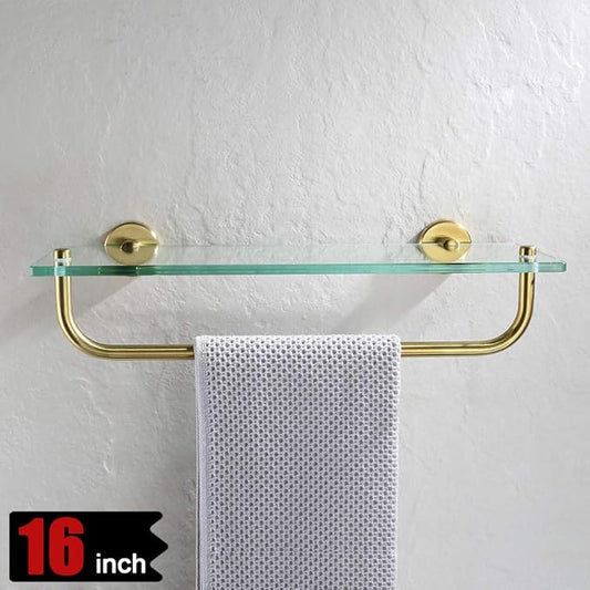 JQK Bathroom Glass Shelf, Shelf with 16 Inch Towel Bar Tempered Glass Shower Storage 16 by 5 inches, 304 Stainless Steel Brushed Gold Wall Mount, TGS100-BG