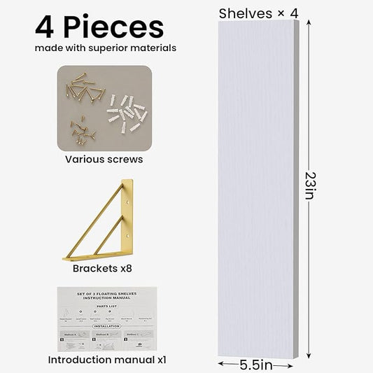 BAYKA Wall Shelves for Bedroom Decor, Floating Wall Shelf for Living Room Kitchen Storage, Mounted Rustic Wood Shelves for Kids Books, Corner Shelf for Bathroom(White and Gold,23in,Set of 4)