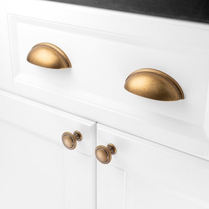 KOOFIZO 10 Pack 3 Inch Bin Cup Drawer Pulls Antique Brass Cabinet Handles Vintage Brass Cabinet Pulls for Kitchen Cabinets Drawer Dresser Cupboard Bedroom Bathroom