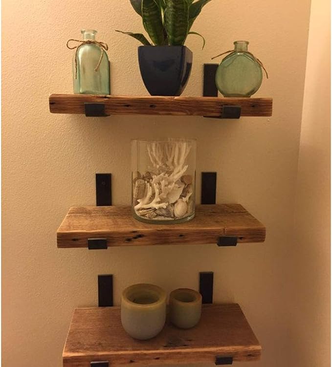 Shelf Brackets 8 Inch, Heavy Duty Black Metal Floating Shelf Bracket, Rustic Farmhouse Decorative Iron L Bracket with Lip/Hook, J Brackets Wall Angel Corner Brace for Wood Shelves - 6 Pack