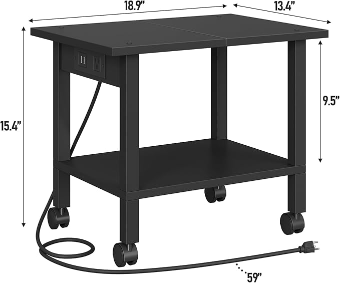 TUTOTAK 2 Tier Printer Stand, Rolling Printer Cart with Power Outlets and USB Ports, Mobile Printer Table with Wheels, for Under Desk, Office, Home, Black PS01BK001P