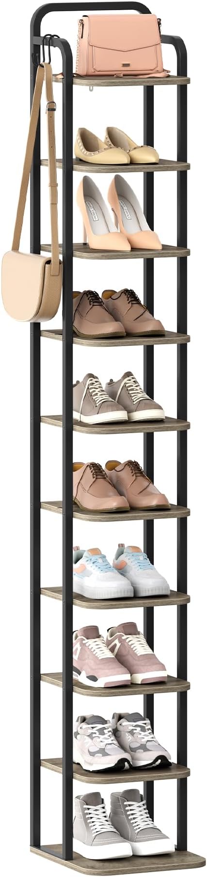 10 Tiers Vertical Shoe Rack, Narrow Shoe Tower, Tall Shoes Shelf with 2 Hooks, Adjustable Shelves, Corner Shoes Shelves for Small Spaces, Entryway, Living Room, Greige SR11205B