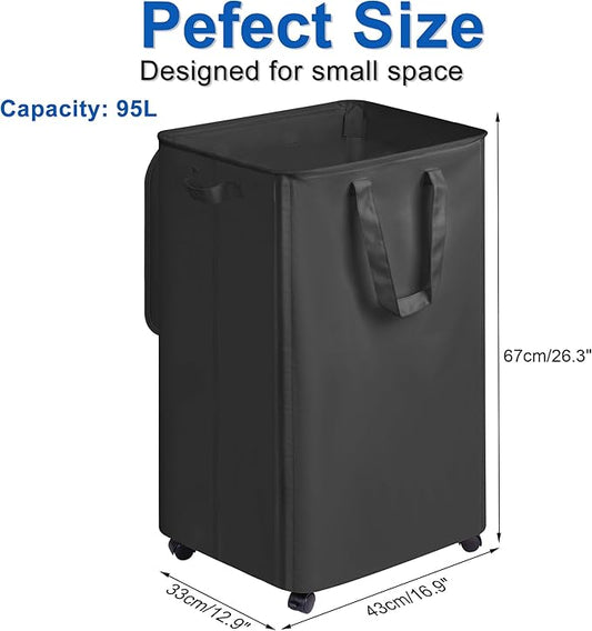 Slim Laundry Hamper with Lid and Wheels, Small Rolling Laundry Basket with Handle for Small Spaces, Tall Dirty Clothes Hampers for Dorm, Bathroom and Bedroom, 95L Black