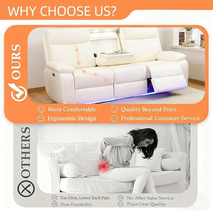 3 Pieces Reclining Living Room Set, Breathing Leather Power Recliner Loveseat Chair Set, Living Room Furniture Sets with LED, Cup Holders Hidden Storage for Home/Office/Meeting Room,Beige