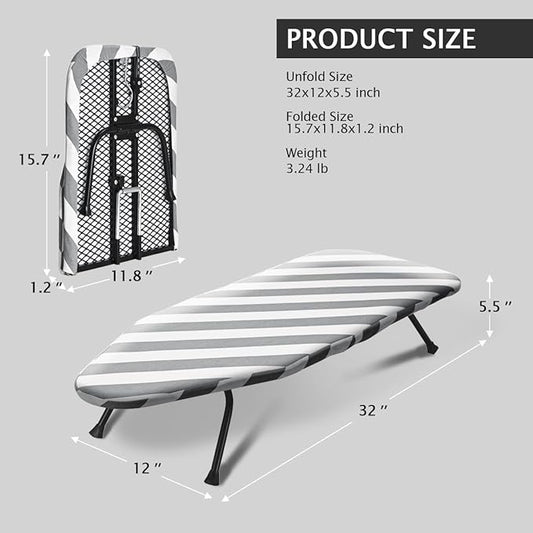 SheeChung Small Ironing Board 12"x32" Foldable Ironing Board with Cotton Cover and Pad,Tabletop Compact Ironing Broad with Retractable Hook & Skidproof Feet for Small Spaces Laundry Room,Grey Striped
