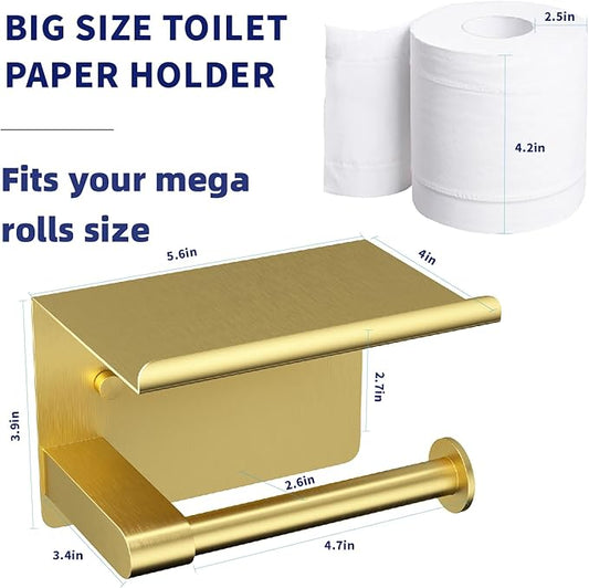 Brushed Gold Toilet Paper Holder Wall Mount, Fits Mega Rolls Size Rustproof Self Adhesive Brushed Brass Toilet Paper Holder Gold with Shelf