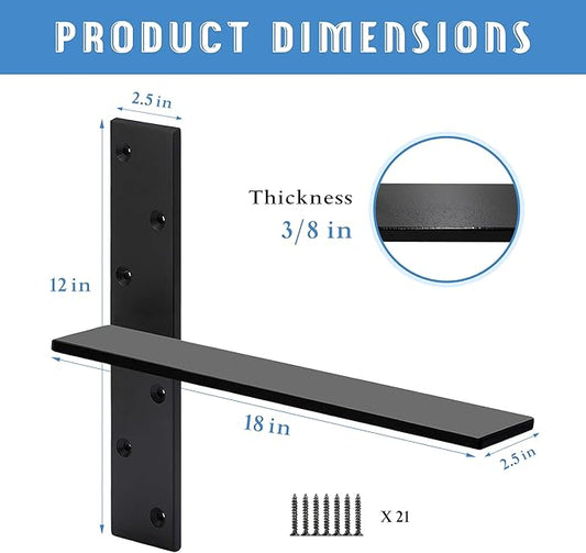 Floating Shelf Bracket 3/8" Thick Heavy Duty Shelf Brackets 3 Pack Free Hanging Countertop Support Bracket 18" Lx2.5 W Floating Wall Brackets for Cabinets, Granite, Dishwasher, Bench Seats Vanities