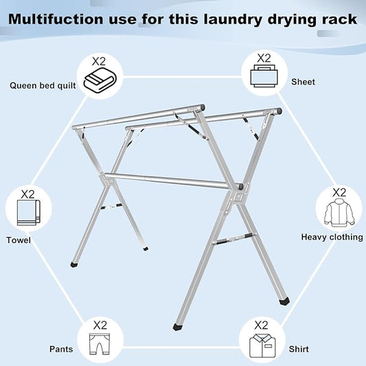 Sarahipe Sillars Clothes Drying Rack, 63 inches Laundry Drying Rack Clothing Foldable & Collapsible Stainless Steel Heavy Duty Clothing Drying Rack with Windproof Hooks for Indoor Outdoor